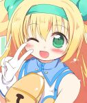  1girl :d bangs bell blazblue blonde_hair blush bow commentary_request emurin green_bow green_eyes green_hairband hair_between_eyes hair_bow hairband heart heart-shaped_pupils long_hair looking_at_viewer multiple_hair_bows neck_bell one_eye_closed open_mouth platinum_the_trinity shirt sleeveless sleeveless_shirt smile solo symbol-shaped_pupils upper_body v white_shirt 