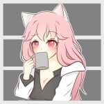  1girl animal_ears artsykittty black_shirt blush border breasts cat_ears cleavage coffee_mug commentary commission cup english_commentary girls&#039;_frontline grey_background hair_between_eyes holding holding_cup lab_coat long_hair long_sleeves medium_breasts mug persica_(girls&#039;_frontline) pink_hair raised_eyebrow red_eyes shirt simple_background solo twitter_username upper_body white_border 