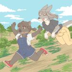  anthro clothed clothing duo ekaki510 female footwear grey_kangaroo hopping kangaroo kemono macropod mammal marsupial running shoes vombatiform wombat 