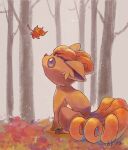  akira_(akira_art_poke) autumn autumn_leaves brown_eyes brown_fur fluffy full_body highres leaf maple_leaf multicolored_fur multiple_tails no_humans open_mouth pokemon pokemon_(creature) red_fur sitting solo tail tree vulpix 