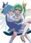  2girls :d absurdres ascot blue_bow blue_dress blue_eyes blue_hair bow carrying cirno commentary daiyousei dress fairy_wings green_eyes green_hair grey_footwear hair_bow hair_ribbon high_heels highres ice ice_wings looking_at_viewer medium_hair mikan_(manmarumikan) multiple_girls open_mouth princess_carry ribbon short_hair short_sleeves side_ponytail simple_background smile socks touhou white_background white_socks wings yellow_ascot yellow_ribbon 