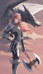  1girl armor axe black_dress bracer breastplate cherche_(fire_emblem) cloud commission dress english_commentary fire_emblem fire_emblem_awakening greaves halberd headband helswath highres holding holding_axe long_hair looking_at_viewer polearm red_eyes red_hair red_sky shou_illust shoulder_armor sky smile solo standing weapon white_headband 
