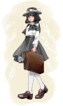  1girl asymmetrical_hair belt black_capelet black_skirt briefcase brown_eyes brown_footwear brown_hair capelet fedora full_body hat hawai-tari highres kneehighs loafers looking_to_the_side shirt shoes skirt socks touhou usami_renko walking wheat white_shirt 