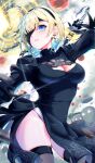 1girl 2b_(nier:automata) 2b_(nier:automata)_(cosplay) absurdres aizawa_ema black_blindfold black_dress black_gloves black_hairband black_thighhighs blindfold blindfold_lift blonde_hair blue_eyes blue_hair blunt_bangs breasts cleavage cleavage_cutout clothing_cutout cosplay dress earrings feather-trimmed_sleeves gloves gradient_hair hairband highres jewelry juliet_sleeves large_breasts leotard leotard_peek long_sleeves looking_at_viewer motoja_72p multicolored_hair nier:automata nier_(series) parted_lips pod_(nier:automata) puffy_long_sleeves puffy_sleeves short_hair side_slit skindentation solo thighhighs virtual_youtuber virtuous_contract vspo! weapon white_leotard 