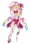  1girl adapted_costume arm_ribbon ascot backlighting bare_shoulders blonde_hair bobby_socks crystal flandre_scarlet frilled_skirt frills full_body guozimiao hair_between_eyes hat head_tilt highres holding holding_polearm holding_weapon laevatein_(touhou) looking_at_viewer mary_janes medium_hair mob_cap multicolored_wings one_eye_closed pink_ribbon polearm red_footwear red_skirt ribbon shirt shoes simple_background skirt socks solo touhou weapon white_background white_headwear white_shirt white_socks wings yellow_ascot 