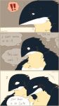 ambiguous_gender anthro avian beak bird black_body black_feathers blush comic dialogue digital_media_(artwork) exclamation_point feathers hi_res humanoid male pegu2726 penguin simple_background speech_bubble thought_bubble white_body white_feathers worried 