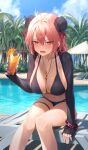  1girl ahoge alternate_costume bandaged_arm bandages beach_chair beach_umbrella bendy_straw bikini black_bikini blue_sky blush bracelet breasts bun_cover chair cleavage cloud cocktail commentary_request cup day double_bun drinking_glass drinking_straw drunk feet_out_of_frame food fruit greenkohgen hair_between_eyes hair_bun hair_intakes highres holding holding_cup ibaraki_kasen ice ice_cube jewelry large_breasts leaning_forward long_bangs looking_at_viewer lounge_chair multi-strapped_bikini_bottom navel necklace open_mouth orange_(fruit) orange_slice outdoors palm_tree patio_umbrella pink_eyes pink_hair pool poolside ring_necklace shrug_(clothing) sitting sky sleeves_past_wrists slouching solo swimsuit touhou tree tropical_drink umbrella water 