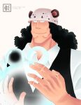  1boy absurdres alternate_costume animal_ears artist_name bartholomew_kuma bear_ears black_hair character_name closed_mouth commentary curly_hair empty_eyes grey_background hat highres kath_illustrates long_hair male_focus one_piece shirt signature simple_background smile solo white_shirt 