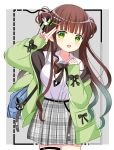  1girl :d absurdres anko_(gochiusa) bag bag_charm belt belt_buckle black_belt black_bow bow breasts brown_hair buckle charm_(object) collared_shirt commentary_request diagonal-striped_bow dotted_line double_bun dress_shirt gochuumon_wa_usagi_desu_ka? green_jacket grey_background grey_skirt hair_bow hair_bun hair_ornament hairclip hand_up highres jacket long_hair long_sleeves looking_at_viewer medium_breasts off_shoulder open_clothes open_jacket plaid plaid_skirt pleated_skirt puffy_long_sleeves puffy_sleeves rabbit_hair_ornament ryoutan school_bag shirt skirt sleeves_past_wrists smile solo two-tone_background ujimatsu_chiya very_long_hair white_background white_shirt 