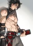  1boy abs animal_ears bare_pectorals belt black_choker black_gloves black_hair black_tank_top blue_eyes chinese_text choker clothes_in_mouth covered_nipples cross_scar earrings english_text genshin_impact gloves grey_pants highres jewelry large_pectorals looking_at_viewer male_focus mouth_hold muscular muscular_male ngkhyn no_navel pants parted_lips pectorals piercing scar scar_on_arm scar_on_chest scar_on_hip scar_on_neck scar_on_stomach shirt_in_mouth short_hair signature simple_background solo tank_top teeth upper_teeth_only white_background wriothesley_(genshin_impact) 