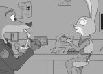  a-signature anthro canid canine chopsticks clothing disney eating female food fox greyscale hi_res judy_hopps lagomorph leporid male male/female mammal monochrome nick_wilde noodles photo rabbit solo uniform zootopia 