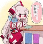  1girl blush bow collared_shirt fujiwara_no_mokou hair_bow hand_fan highres holding holding_fan long_hair mokoiscat open_mouth pants paper_fan red_eyes red_pants shirt signature sleeve_garter solo speech_bubble touhou translation_request uchiwa white_bow white_hair white_shirt 