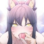  1girl ahri_(league_of_legends) animal_ears artist_name bare_shoulders black_hair blush facial_mark fang finger_in_another&#039;s_mouth flying_sweatdrops fox_ears fox_girl league_of_legends lolboja long_hair looking_at_viewer pulling_tongue saliva solo tearing_up tongue tongue_out whisker_markings yellow_eyes 