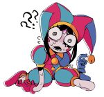  1girl ? ?? black_hair blue_gloves blupixl flying_sweatdrops gloves hat hat_bell highres jester jester_cap kneeling multicolored_clothes multicolored_headwear open_mouth pink_gloves pomni short_hair simple_background solo sweat the_amazing_digital_world white_background 