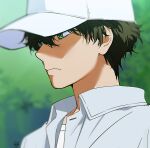  1boy baseball_cap black_hair blurry blurry_background closed_mouth collared_shirt green_eyes hat hyouka male_focus mery_(yangmalgage) open_collar oreki_houtarou shirt short_hair signature solo white_headwear 