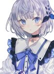  1girl black_bow blue_bow blue_eyes bow bowtie chiho_(pixiv10578873) choker hair_bow highres hololive open_mouth short_hair simple_background solo upper_body vestia_zeta white_background white_hair 