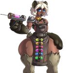  2023 4_fingers adjatha animal_humanoid apron arm_tuft black_lipstick blonde_hair blue_eyes brown_body brown_fur clothing collar ear_piercing fingers fur hair hi_res humanoid hyena hyena_humanoid hyrax_(tits) leg_tuft lipstick looking_at_viewer makeup male mammal mammal_humanoid piercing shoulder_pads simple_background solo standing story story_in_description syringe syringe_gun thick_thighs trials_in_tainted_space tuft vial white_background wide_hips yellow_collar 