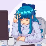  1girl bags_under_eyes blue_bow blue_hair blunt_bangs bow coffee_mug cup endless_monday:_dreams_and_deadlines hair_bow hcnone long_hair messy_hair mug orange_eyes original penny_(hcnone) pixel_art ponytail sidelocks simple_background sitting solo sweater upper_body white_sweater 
