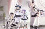  4girls alternate_costume apron azur_lane broken cheshire_(azur_lane) curtains flower flower_pot formidable_(azur_lane) high_heels highres indoors kneeling maid maid_apron maid_headdress multiple_girls plant potted_plant rose saru teapot thighhighs unicorn unicorn_(azur_lane) window winged_unicorn yukikaze_(azur_lane) 