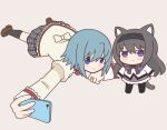  2girls akemi_homura animal_ears black_footwear black_hair black_hairband black_skirt black_socks blue_eyes blue_hair bob_cut bow bowtie brown_footwear cat_ears cat_girl dress frilled_dress frills hairband kneehighs light_blush long_hair looking_at_phone lying magical_girl mahou_shoujo_madoka_magica miki_sayaka mitakihara_school_uniform multiple_girls on_stomach phone purple_bow purple_bowtie purple_eyes red_bow red_bowtie school_uniform selfie short_hair sidelocks skirt socks standing very_long_hair yuno385 