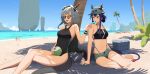  2girls :d arknights arm_behind_back arm_support bare_legs bare_shoulders beach bikini bikini_under_clothes bikini_under_shorts blue_hair breasts ch&#039;en_(arknights) competition_swimsuit covered_navel crossed_legs day dragon_girl dragon_horns dragon_tail feeding food full_body hand_up highleg highleg_bikini highres horns long_hair medium_breasts midriff multiple_girls navel northkiyou ocean one-piece_swimsuit outdoors palm_tree pink_eyes popsicle red_eyes siblings sisters smile sunglasses swimsuit tail talulah_(arknights) tree white_hair 