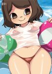  1girl absurdres animal_crossing ball beachball bikini breasts brown_eyes brown_hair closed_mouth collarbone covered_nipples eyelashes fingernails highres medium_breasts muramasa_mikado navel no_pupils red_bikini shirt short_hair smile solo swimsuit t-shirt thighs villager_(animal_crossing) wet wet_clothes wet_shirt white_shirt 