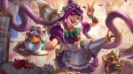  1girl :d absurdres animal apron cafe_cuties_jinx d: fangs highres holding holding_plate jinx_(league_of_legends) league_of_legends long_hair official_alternate_costume official_art open_mouth pink_lips plate smile solo standing tanuki teeth tongue waist_apron 