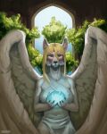  absurd_res anthro blonde_hair buckovskiart canid canine canis cheek_tuft clothed clothing drapery drapery_(clothing) ears_up eyebrows facial_tuft fantasy feathered_wings feathers female female/female fluffy_ears fluffy_wings fur glowing hair half_naked hi_res holding_object inside light long_hair magic mammal nails orange_eyes orb plant relaxed_expression shrub slim_anthro small_waist solo sunlight toned_female tuft white_body white_clothing white_fur window wings wolf 