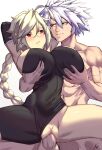  black_bodysuit blazblue blonde_hair bodysuit breasts commission commissioner_upload green_eyes groping heterochromia highres lambda-11 large_breasts ragna_the_bloodedge red_eyes sex vaginal white_hair xhaart 