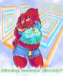  abstract_background anthro bird_dog bottomwear canid canine canis clothing collar cutoffs denim denim_bottomwear denim_clothing domestic_dog female freckles fur gynomorph hi_res hotpants hunting_dog intersex irish_setter mammal purple_eyes red_body red_fur rubyyoulazycat setter shorts solo summer text trans_(lore) trans_woman_(lore) vhs_filter 