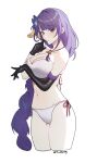  1girl artist_name bare_legs bare_shoulders bikini braid breasts cleavage elbow_gloves flower genshin_impact gloves hair_between_eyes hair_flower hair_ornament highres large_breasts long_hair looking_at_viewer navel onyang parted_lips purple_eyes purple_hair raiden_shogun sidelocks simple_background single_elbow_glove solo stomach swimsuit thighs white_background white_bikini white_swimsuit 