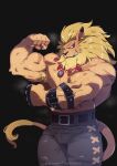  5_fingers anthro bandai_namco belt biceps black_nose blonde_hair blue_eyes bottomwear clothed clothing digimon digimon_(species) ear_piercing felid fingers fist flexing fur grin hair hi_res jewelry kemono leomon male mammal mane melee_weapon muscular muscular_anthro muscular_male necklace pantherine pants pecs piercing pose pupils slit_pupils smile solo sword tan_body tan_fur teeth tiggon_the_great topless vein weapon 