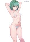  1girl a-o_a absurdres armpits arms_up bikini breasts closed_mouth covered_nipples green_eyes green_hair highres looking_at_viewer micro_bikini navel one-punch_man raised_eyebrows short_hair skindentation small_breasts solo standing stomach strap_gap swimsuit tatsumaki thighs transparent_background twitter_username white_bikini 