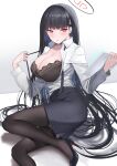  1girl alternate_costume black_bra black_footwear black_hair black_pantyhose black_skirt blue_archive blush bra breasts cleavage closed_mouth commentary_request halo highres large_breasts long_sleeves lying office_lady on_side pantyhose red_eyes rio_(blue_archive) shirt shougun_(chuckni1) skirt solo thighs underwear white_shirt 