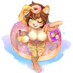  abs animal_humanoid anthro big_breasts breasts brown_hair cute_expression dessert digital_media_(artwork) doughnut doughnut_box eyebrows felid feline female feralis food fur hair hi_res humanoid hybrid lauren_vanpelt liger mammal muscular muscular_female pantherine rounded_ears shybela simple_background solo sprinkles striped_body stripes tail thick_eyebrows thick_thighs white_background 