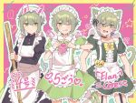  ... 3boys :&gt; :p alternate_costume anger_vein animal_ears apron back_bow black_choker black_dress black_ribbon blush border bow bowtie broom cat_boy cat_ears cat_tail character_name choker collarbone collared_dress crossdressing drawn_ears drawn_tail drawn_wings dress earrings elan_ceres enmaided face_filter fake_whiskers frilled_apron frilled_dress frilled_necktie frills garter_straps green_dress green_eyes green_footwear green_hair gundam gundam_suisei_no_majo hair_between_eyes hair_ribbon hat heart heart_hands high_collar highres holding holding_broom jewelry juliet_sleeves leg_up long_sleeves looking_at_another looking_at_viewer maid maid_apron maid_headdress male_focus mob_cap multiple_boys name_tag necktie omu_(om_0m3) one_eye_closed open_mouth outline pink_background pink_necktie puffy_short_sleeves puffy_sleeves ribbon shoes short_hair short_sleeves sideways_glance simple_background socks speech_bubble spoken_ellipsis standing star_(symbol) sweat tail tassel tassel_earrings tongue tongue_out waist_apron white_apron white_bow white_headwear white_outline white_socks wrist_cuffs yellow_border yellow_bow 