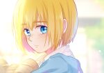  1boy aged_down armin_arlert baguette blonde_hair blue_eyes bread food hair_between_eyes looking_at_viewer male_child male_focus moxue_qianxi shingeki_no_kyojin solo tears upper_body 