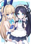  2girls animal_ears apron aqua_bow aqua_bowtie aqua_ribbon aris_(blue_archive) aris_(maid)_(blue_archive) bare_shoulders black-haired_demon_girl_(shimmer) blonde_hair blue_archive blue_bow blue_eyes blue_hairband blue_leotard bow bowtie braid breasts cleavage commentary_request cowboy_shot detached_collar double_v earpiece expressionless fake_animal_ears fake_tail french_braid hair_bow hairband halo highres leotard long_hair maid_apron maid_headdress multiple_girls neck_ribbon official_alternate_costume parted_bangs playboy_bunny rabbit_ears rabbit_tail ribbon ringed_eyes sitting smile strapless strapless_leotard tail thighhighs toki_(blue_archive) toki_(bunny)_(blue_archive) v very_long_hair white_thighhighs whitelily_bread wing_collar 