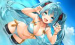  1girl aqua_eyes aqua_hair aqua_nails bikini black_thighhighs breasts claw_pose cleavage collarbone cowboy_shot dutch_angle hands_up hatsune_miku kamiya_tomoe leaning_forward long_hair looking_at_viewer medium_breasts navel ocean open_mouth outdoors sky smile solo striped striped_bikini swimsuit thighhighs twintails very_long_hair vocaloid wading 