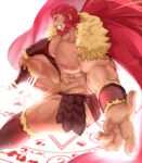  1boy abs armored_skirt bar_censor bara beard biceps cape censored cock_ring erection facial_hair fate/zero fate_(series) fur_cape highres iskandar_(fate) kalonezhno large_pectorals leg_armor looking_at_viewer magic_circle male_focus manly mature_male muscular muscular_male nipples pectorals penis red_eyes red_hair sex_toy simple_background sitting smirk solo spiked_hair spread_legs summoning tan teeth testicles thick_arms thick_eyebrows thick_thighs thighs topless_male veins white_background wristband 