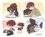  2boys animalization argalia_(library_of_ruina) bbunny black_pants book brown_sweater collared_shirt dog korean_text library_of_ruina long_sleeves lowell_(library_of_ruina) multiple_boys out_of_frame pants pet_brush project_moon red_eyes red_hair shedding_fur shirt short_hair sweater translation_request white_shirt xiao_(library_of_ruina) 