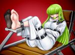  1girl albyee ball_gag barefoot bound bound_arms bound_thighs breasts brown_eyes c.c. cameltoe chair code_geass commentary commission english_commentary feet feet_up foot_focus full_body gag gradient_background green_hair knees_up large_breasts leaning_back long_hair long_sleeves looking_at_viewer pants red_background saliva saliva_drip sidelocks single_sock socks soles solo straitjacket toenails toes white_pants 