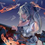  1girl album_cover belt blonde_hair blouse bow building chain cover fog frilled_shirt frills from_behind gradient_sky hair_bow horn_ornament horn_ribbon horns ibuki_suika long_hair looking_back low-tied_long_hair night night_sky official_art oni oni_horns open_mouth orange_eyes purple_bow purple_skirt ranko_no_ane red_ribbon ribbon ribbon-trimmed_skirt ribbon_trim sharp_teeth shirt sidelocks sitting skirt sky sleeveless sleeveless_shirt smile star_(sky) teeth touhou touhou_cannonball very_long_hair white_shirt 