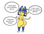  animal_crossing ankha_(animal_crossing) anthro big_butt butt dialogue digital_media_(artwork) domestic_cat felid feline felis female fur huge_butt mammal mednafox nintendo open_mouth simple_background solo speech_bubble tail yellow_body yellow_fur 