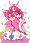  1girl animal_ears back_bow bow choker clenched_hand closed_mouth commentary_request cure_grace cure_grace_(partner_form) dress earrings flower frown full_body gloves hair_flower hair_ornament hanadera_nodoka healin&#039;_good_precure healin&#039;_good_precure:_yume_no_machi_de_kyun!_tto_gogo!_daihenshin!! huge_bow japanese_clothes jewelry kimono kimono_dress leaf_earrings long_hair looking_at_viewer loose_socks magical_girl medium_dress mitumi_mira obi partial_commentary petals pink_eyes pink_flower pink_hair pink_kimono precure rabbit_ears red_choker sash socks solo standing swept_bangs tiara very_long_hair white_background white_bow white_gloves white_socks wide_sleeves 