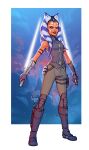  1girl ahsoka_tano alien artist_name belt blue_eyes boots brown_pants cloud dual_wielding energy_sword full_body highres holding holding_lightsaber knee_pads lightsaber looking_at_viewer lorna-ka pants reverse_grip sleeveless standing star_wars sword vambraces watermark weapon white_lightsaber 