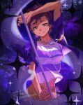  1girl brown_eyes brown_hair dark-skinned_female dark_skin eyebrow_cut holding holding_staff jacket jewelry kuma20151225 looking_at_viewer luz_noceda magic necklace purple_jacket scar shirt short_hair smile solo sparkle staff striped striped_shirt the_owl_house upper_body 