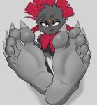  2022 5_toes anthro anthrofied appdattta bangs barefoot biped black_bottomwear black_clothing black_eyebrows black_nose black_topwear bottomwear breasts cheek_tuft clawed_feet claws clothed clothing countershade_feet countershading crop_top cute_fangs dark_eyelids digital_drawing_(artwork) digital_media_(artwork) eyebrow_through_hair eyebrows eyelashes facial_tuft fan_character fang_the_weavile fangs feet feet_up female foot_focus forehead_gem foreshortening freckles front_view fur generation_4_pokemon hair half-closed_eyes head_tuft hi_res humanoid_feet inner_ear_fluff looking_at_viewer mammal medium_breasts narrowed_eyes neck_tuft nintendo notched_ear perspective plantigrade pokemon pokemon_(species) pokemorph presenting red_eyes red_hair sharp_claws shirt shoulder_tuft simple_background sitting smile smiling_at_viewer snaggle_tooth soles solo teasing teeth thick_eyelashes toe_claws toes topwear torn_clothing torn_shirt torn_topwear translucent translucent_hair tuft weavile white_claws 