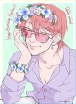  1boy amagi_75 birthday character_name collarbone dated earrings facepaint facial_mark flower happy_birthday head_wreath highres hisoka_morow hunter_x_hunter jewelry long_sleeves looking_at_viewer male_focus purple_shirt red_hair shirt short_hair simple_background smile solo star_(symbol) star_facial_mark teardrop_facial_mark teardrop_tattoo upper_body white_flower wristband yellow_eyes 