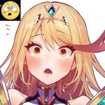  1girl :o blonde_hair blush breasts earrings emoji hair_ornament headpiece jewelry kyosuke1413koba large_breasts long_hair looking_at_viewer mythra_(xenoblade) open_mouth portrait solo surprised swept_bangs tiara wide-eyed xenoblade_chronicles_(series) xenoblade_chronicles_2 yellow_eyes 
